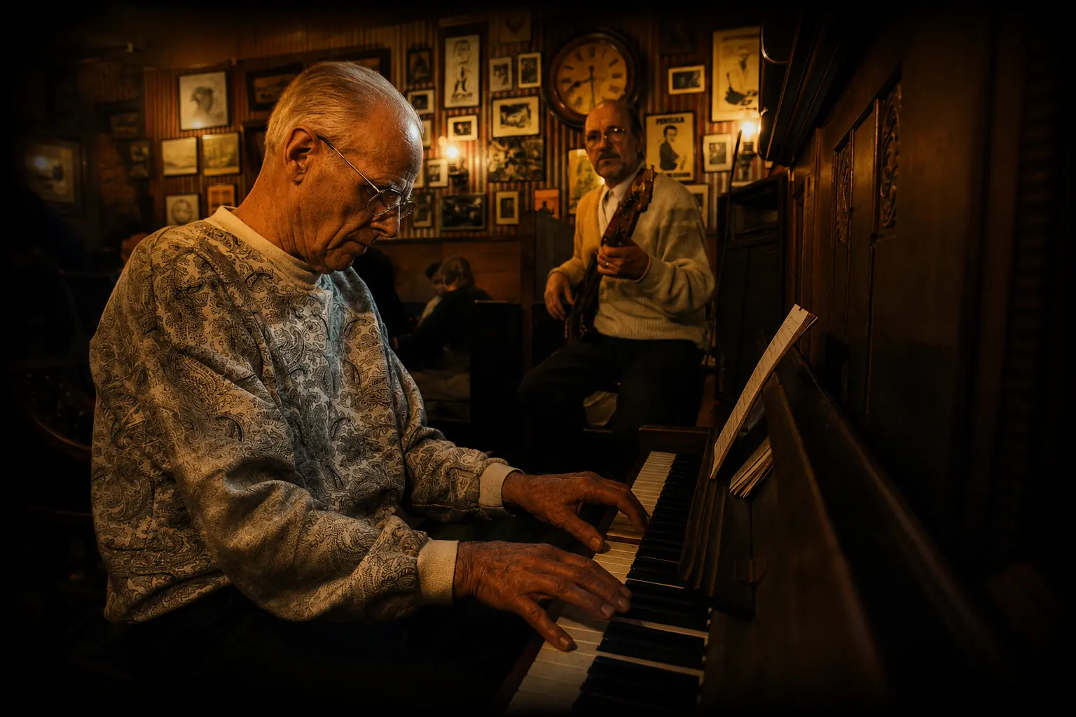 Mies soittaa pianoa - Asiakkaat voivat soittaa pianoa salhojankadun Pubissa jos sen taitavat